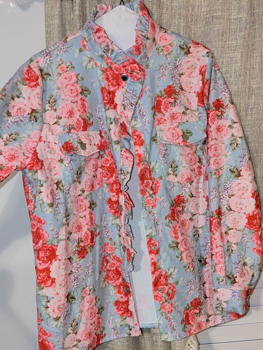 Ruffled Floral Button-Up Blouse in Pink and Light Blue